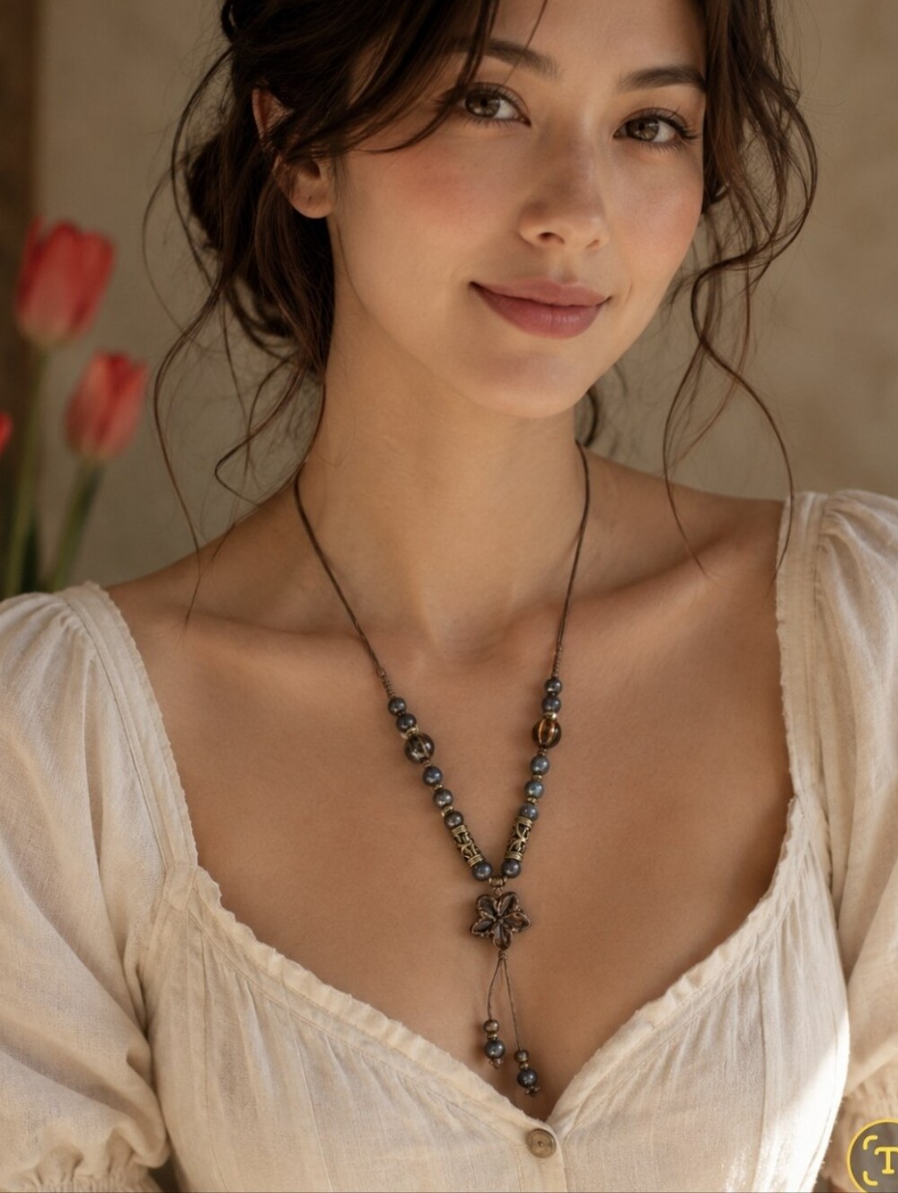 Bohemian Beaded Ceramic Necklace Ethnic Style Flower Pendant‎ Necklace